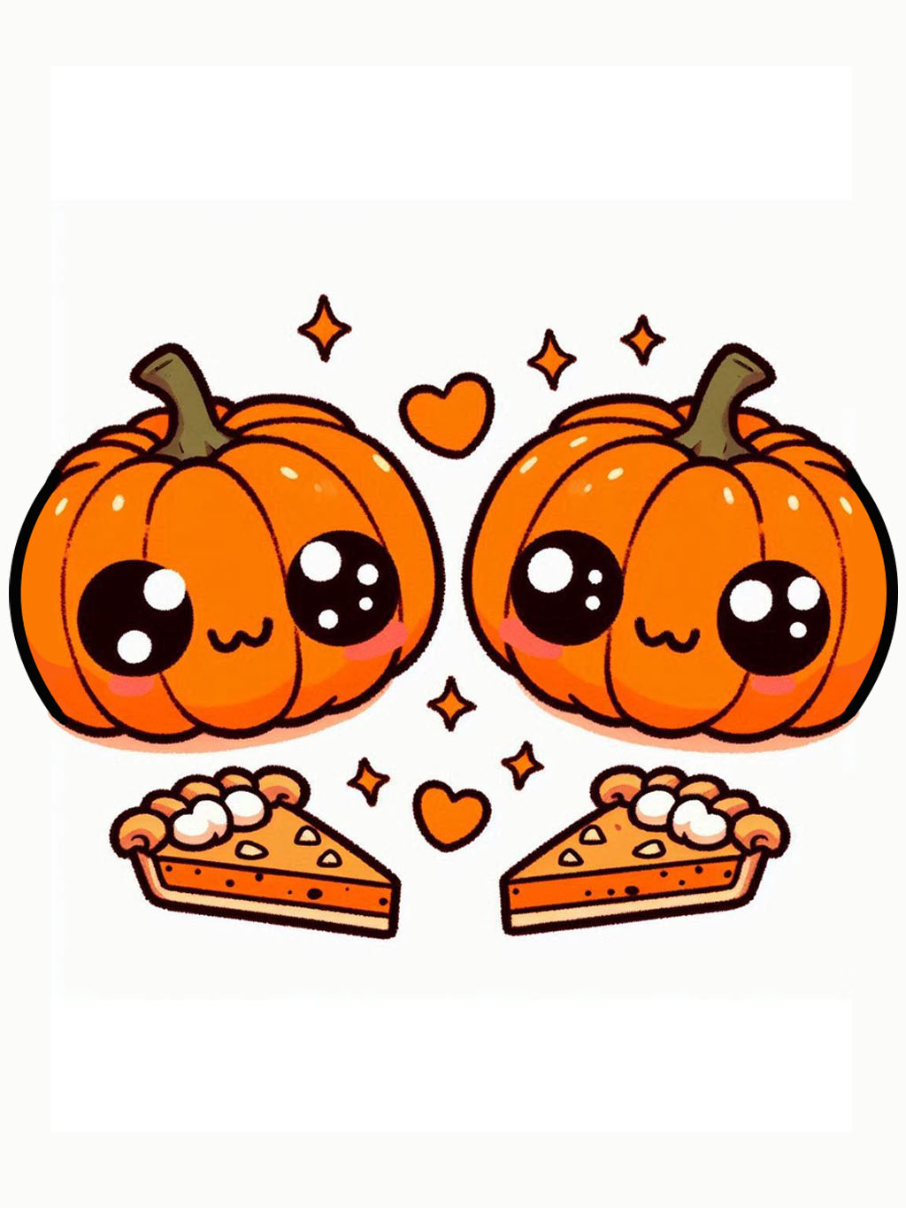 cute halloween drawings for kids 2 features two adorable pumpkin characters with large, sparkly eyes, accompanied by pieces of pumpkin pie and decorative hearts and stars.